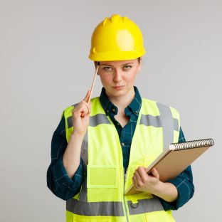 confident young female construction worker wearing safety helmet and safety vest holding notepad looking at camera doing think gesture with pencil isolated on white background